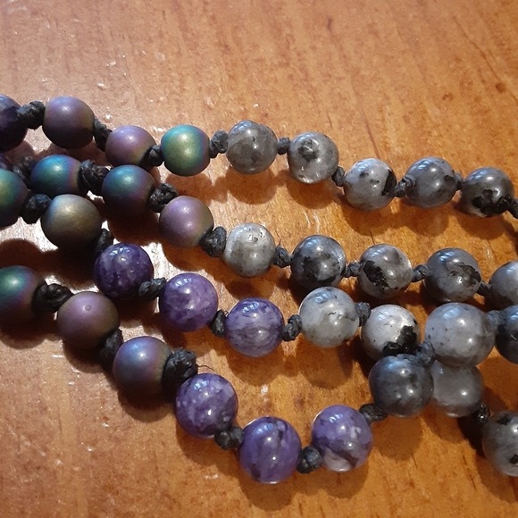 BEAUTIFUL- Handmade Charoite, Larvikite, Rainbow Titanium, Agate, Hemp Necklace - Picture 4 of 5